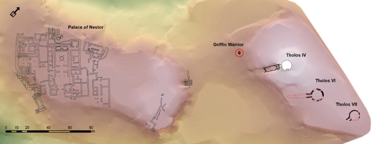 A map of the site shows the family tombs in relation to the tomb of the Griffin Warrior and the Palace of Nestor. Jack Davis and Sharon Stocker/UC Classics