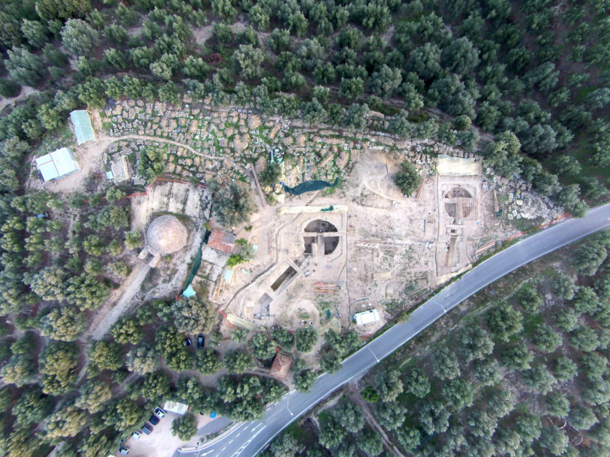An aerial view of the site shows the Tholos IV tomb, far left, found by UC archaeologist Carl Blegen in 1939 in relation to the two family tombs called Tholos VI and Tholos VII, uncovered last year by UC archaeologists Jack Davis and Sharon Stocker. Aerial photo/UC Classics