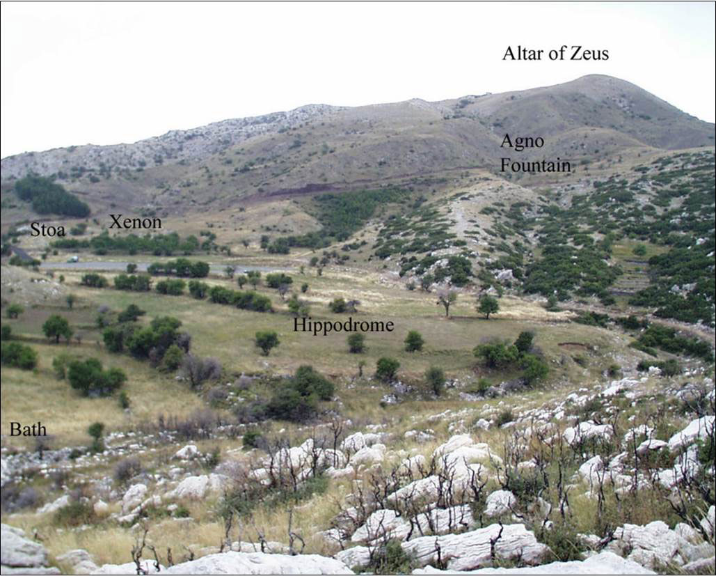 View of the region. The archaeologically important spots are highlighted (photo: Arcadia Ephorate of Antiquities, Mount lykaion excavation and survey project).