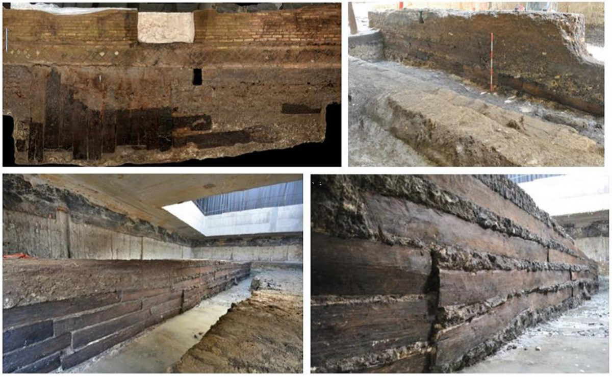 Some of the oak planks in situ in the foundation of the portico. Credit: Bernabei at al., 2019