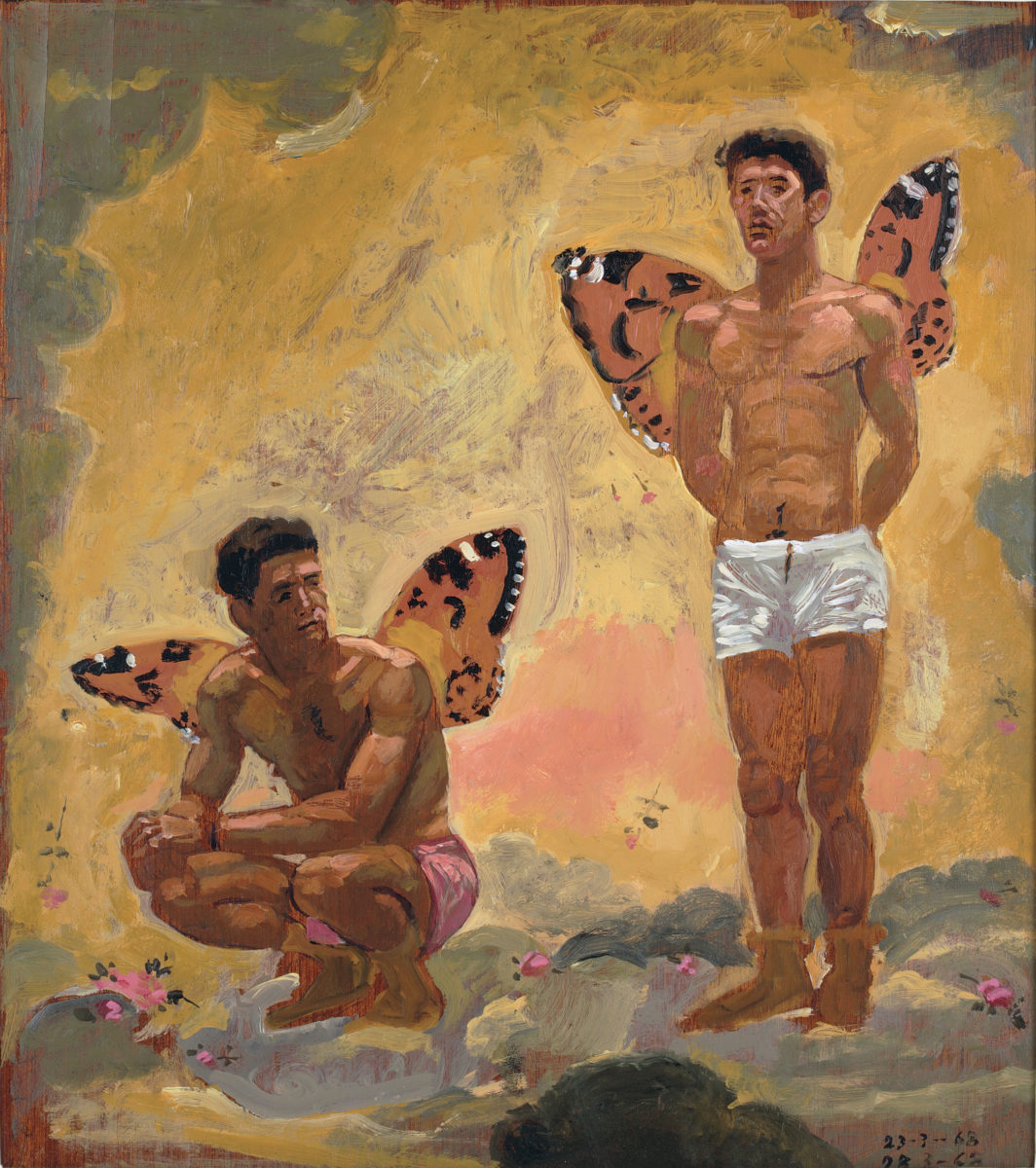 Yannis Tsarouchis, “Two men with butterfly wings”, 1968. Oil on plywood, 44.5x39.4cm. Yannis Tsarouchis Foundation, Inv. No. 631.