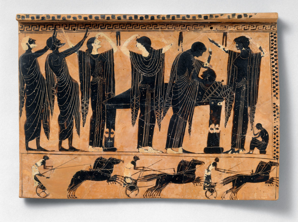 Prothesis. Greek Attic terracotta funerary plaque, ca. 520–510 BC. Detail.