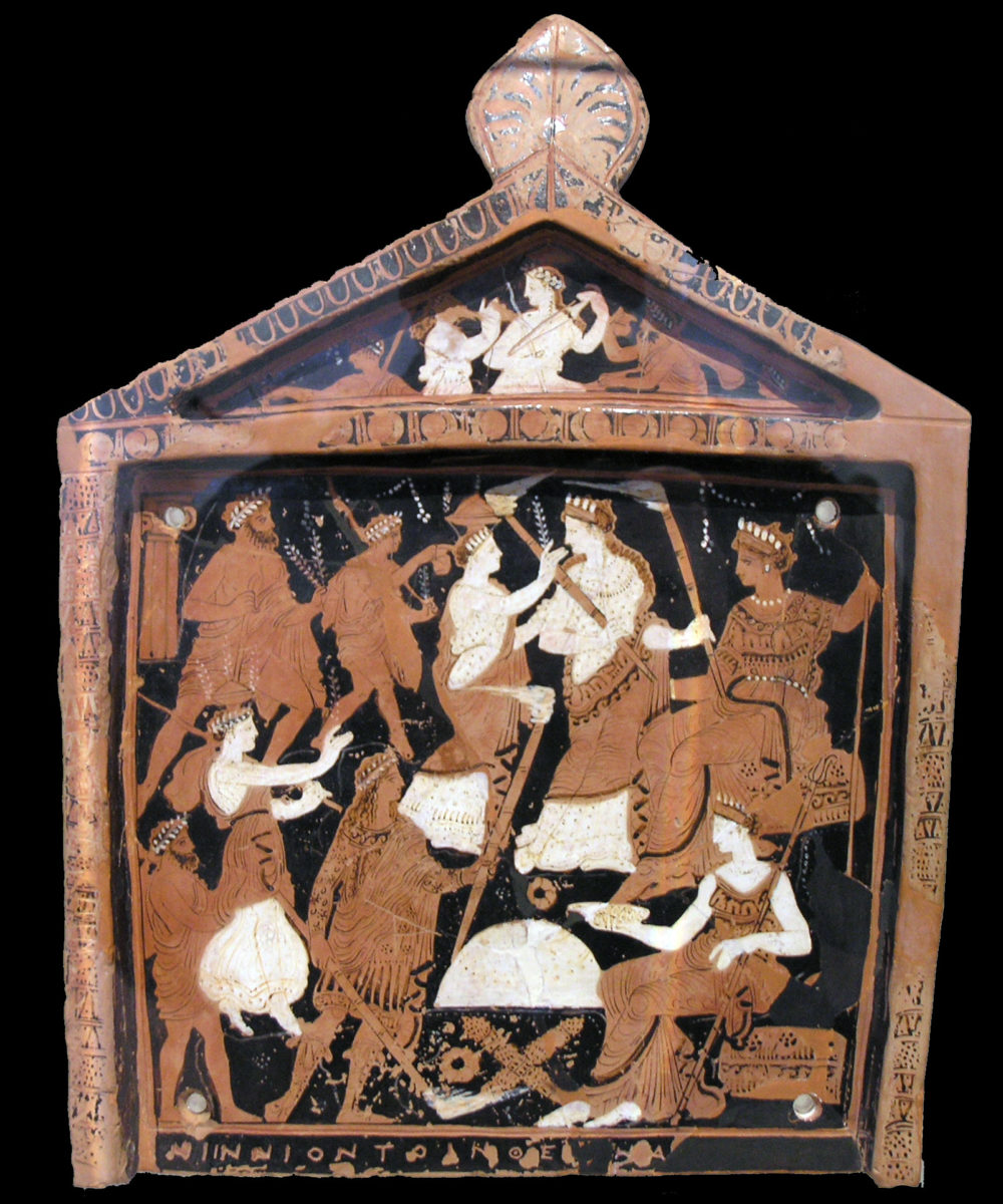 A votive plaque known as the Ninnion Tablet depicting elements of the Eleusinian Mysteries, discovered in the sanctuary at Eleusis (mid-4th century BC)