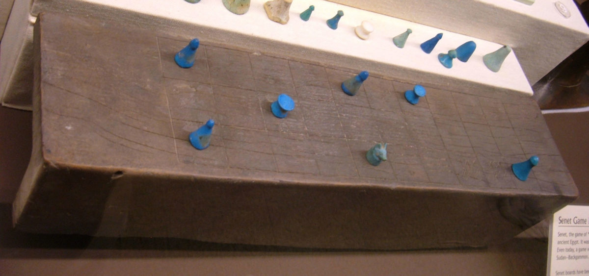 Senet game board and playing pieces (New Kingdom) on display at the Rosicrucian Egyptian Museum in San Jose, California. RC 1261, et al.