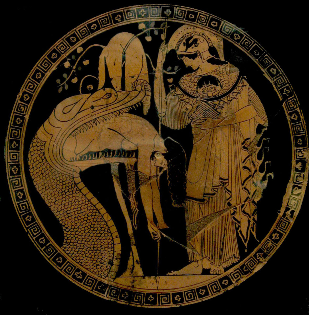 The dragon guarding the golden fleece, as in Apollonius's Argonautica. Jason being regurgitated by the snake who keeps the Golden Fleece (center, hanging on the tree); Athena stands to the right. Red-figured cup by Douris, c. 480-470 BC. From Cerveteri (Etruria)
