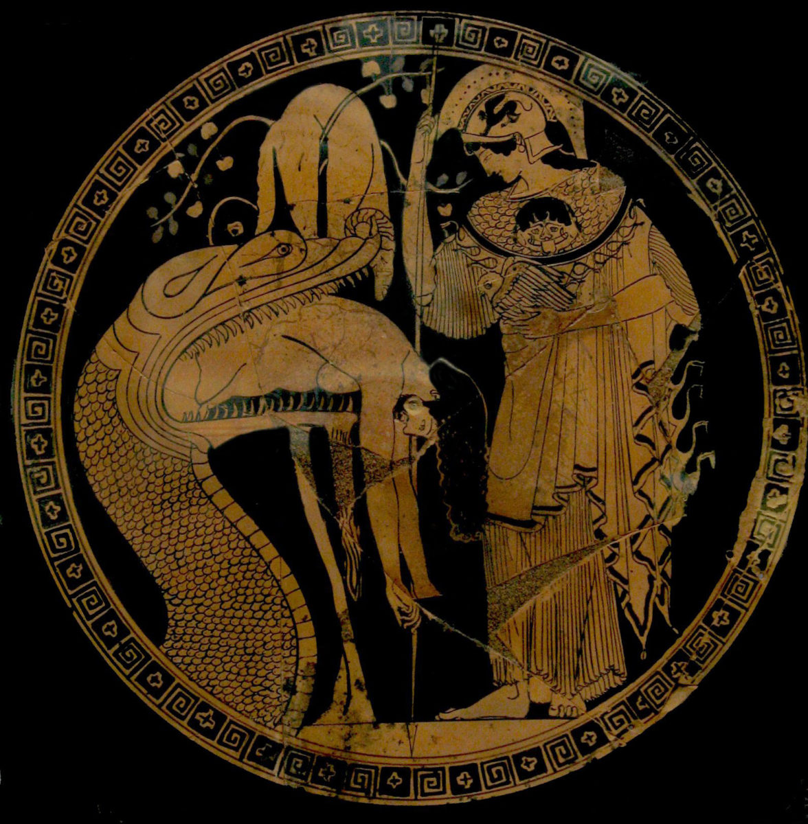 The dragon guarding the golden fleece, as in Apollonius's Argonautica. Jason being regurgitated by the snake who keeps the Golden Fleece (center, hanging on the tree); Athena stands to the right. Red-figured cup by Douris, c. 480-470 BC. From Cerveteri (Etruria)