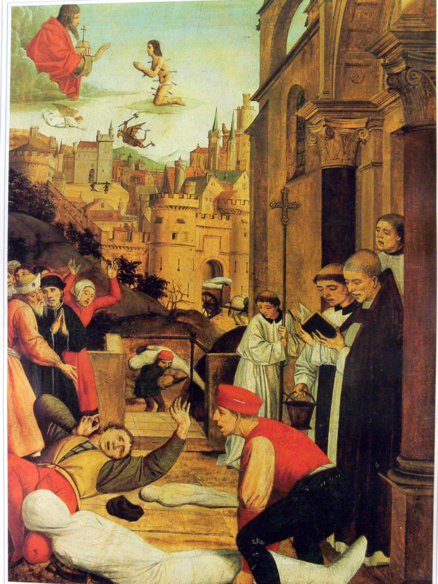 Saint Sebastian pleads with Jesus for the life of a gravedigger afflicted by plague during the Plague of Justinian. (Josse Lieferinxe, c. 1497–1499).