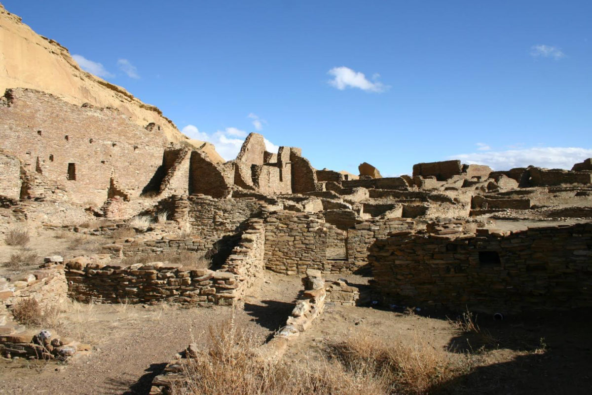 The north wall and room block of Pueblo Bonito, the largest of the great houses in Chaco Canyon. Pueblo Bonito is considered widely as the center of the Chaco world. Credit: 
Thomas Swetnam