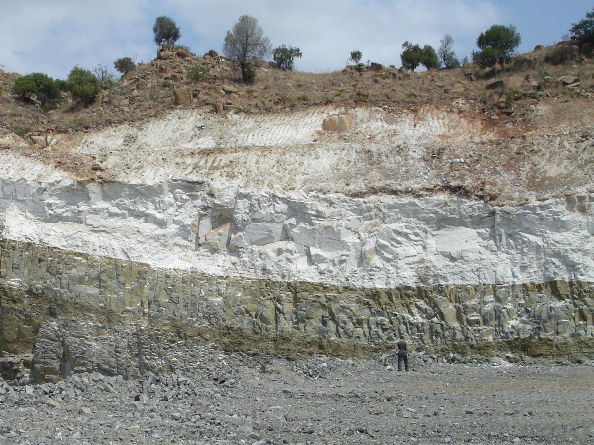 An example of a thick layer of stratiform anorthosite (white) from the world-known Bushveld Complex in South Africa. Credit: Wits University