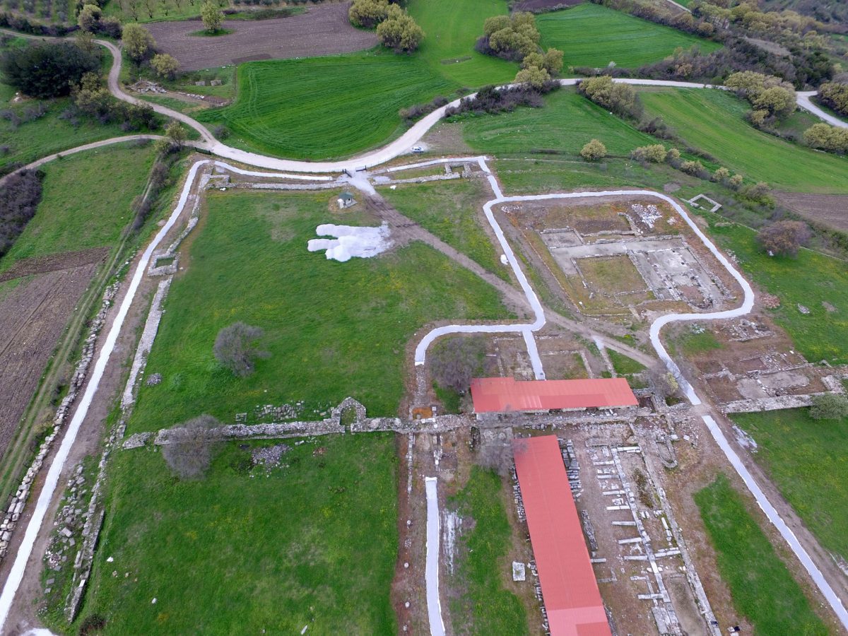 Aerial photograph of the west part of the network of visitors’ routes to the Christian Acropolis of Ancient Amphipolis (April 2020) Photo: MOCAS 