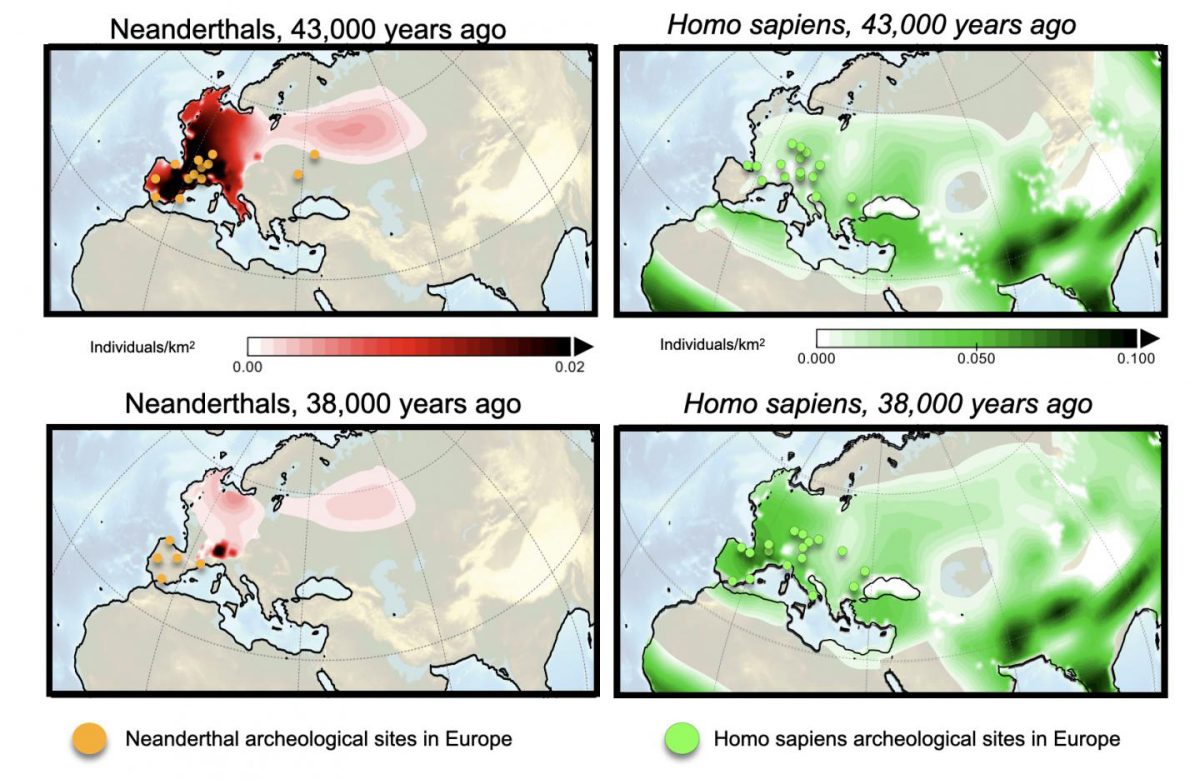 Computer simulations of population density of Neanderthals (left) and Homo sapiens (right) 43,000 years ago (upper) and 38,000 years ago (lower). Orange (green) circles indicate archeological sites of Neanderthals (Homo sapiens) during 5,000-year-long intervals centered around 43 and 38 thousand years before present.
Credit: IBS
