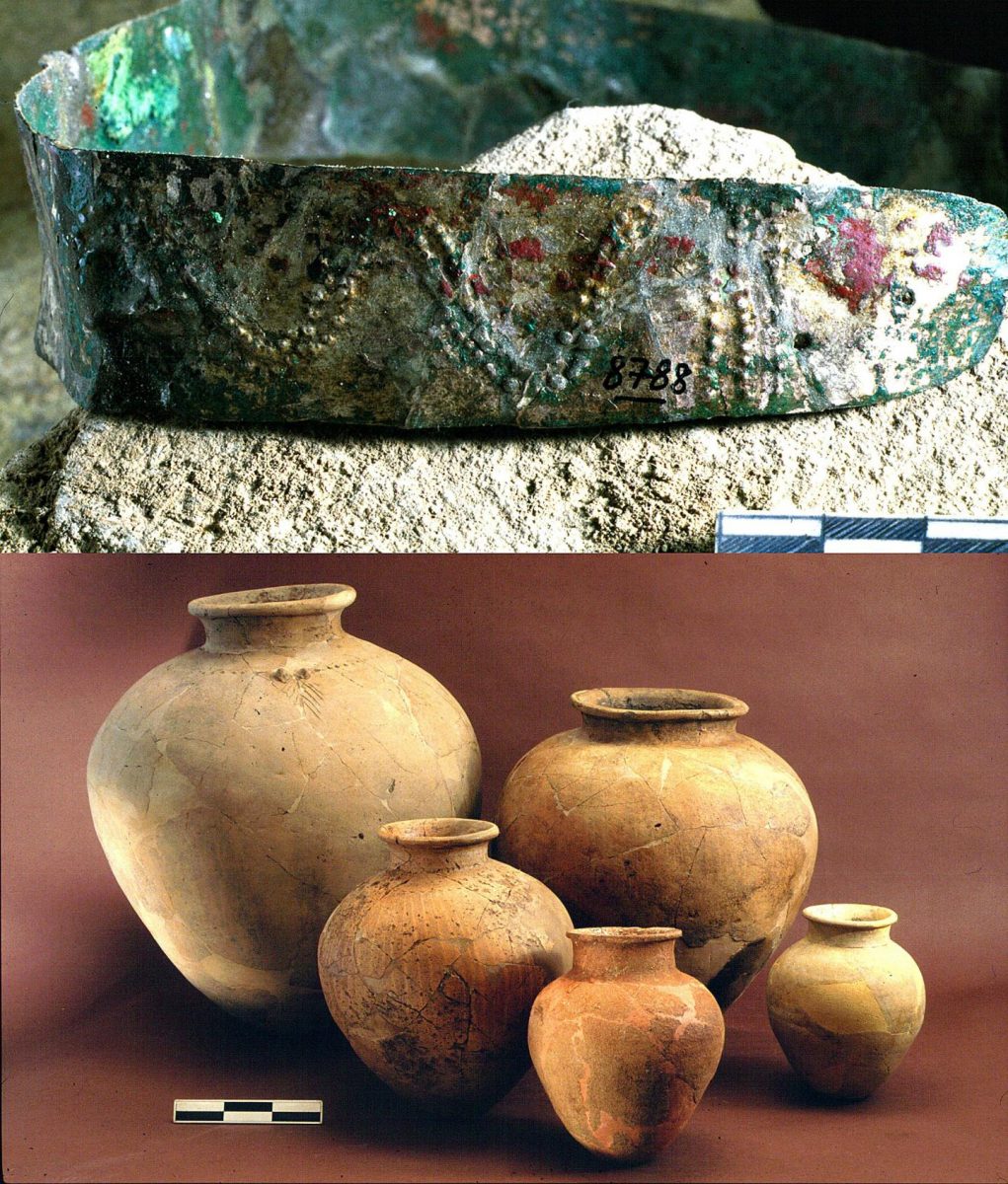 Above: Copper-silver diadem with Transcaucasian connection from the Royal Tomb in Arslantepe, Eastern Turkey. Below: Mesopotamian-related pottery in Arslantepe (palace period). Credit: 
Missione Archeologica Italiana nell'Anatolia Orientale, Sapienza Univ. of Rome (photographer: Roberto Ceccacci)