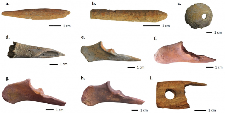 Type of bone and antler tools found at the site. Including a) a possible loom shuttle made of antler, b) a possible spindle made of antler, c) a whorl made of bone, d—g) bone awls and perforators, i) a small (broken) shearing comb made of antler. (Photo courtesy of Karim Alizadeh)