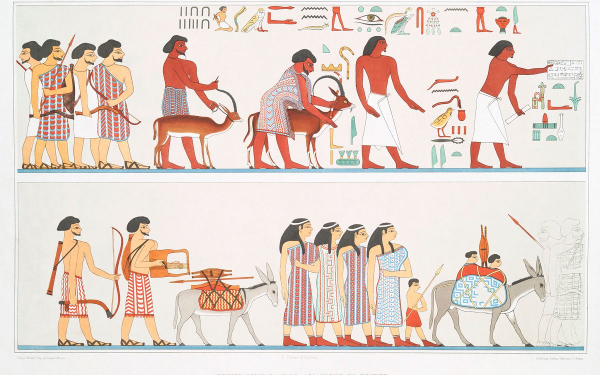 The arrival of the Asian Aamu in Egypt. Tomb of Khnumhotep II, Beni Hassan, Middle Kingdom. Drawing by Pris d' Avennes (1807-1879).