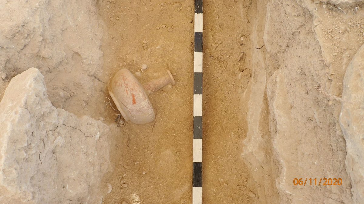 Red Slip lagynos found in a sandy fill along with four other intact vessels. Credit: Department of Antiquities / Cyprus 