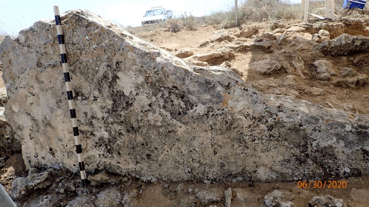 On the east side the outline of the old wall was traceable, as large upstanding stones reaching a height of 0.7 to 1m and width 1-1.4m are preserved. Credit: Department of Antiquities / Cyprus