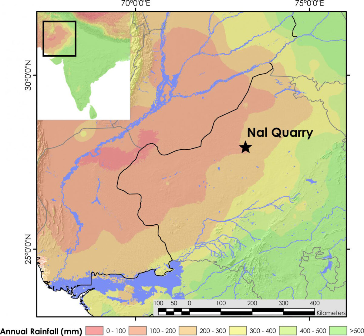 Map showing the location of Nal Quarry at the threshold of the Asian monsoon, and ~200km away from modern rivers in the Thar Desert. Credit: J. Blinkhorn