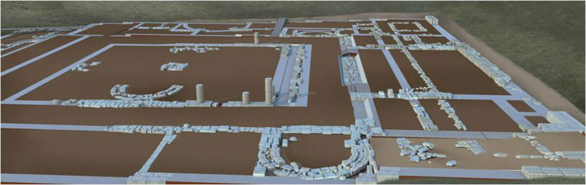 Photorealistic rendering of the Building 1, showing the men’s apartment where banquets took place with the king’s participation, the central courtyard with an altar in the middle and arched platforms for conducting rituals (photo: Ephorate of Antiquities of Pella).  