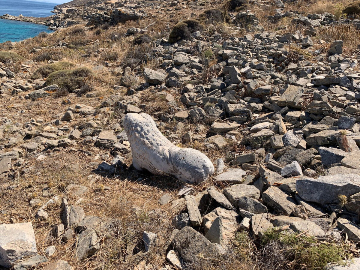 Funerary lion among the ruins of structures in the Delian necropolis on Rheneia. (photo: MOCAS)
