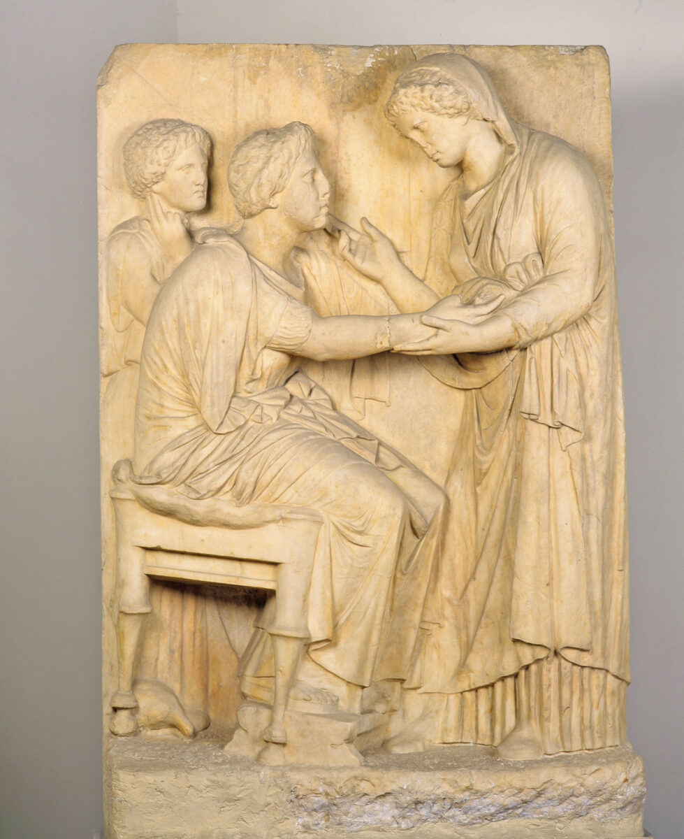Fig. 3. Burial stele, known as the Farewell Stele, found in today’s Athinas Street. On display today in the National Archaeological Museum. (Image credit: MOCAS)