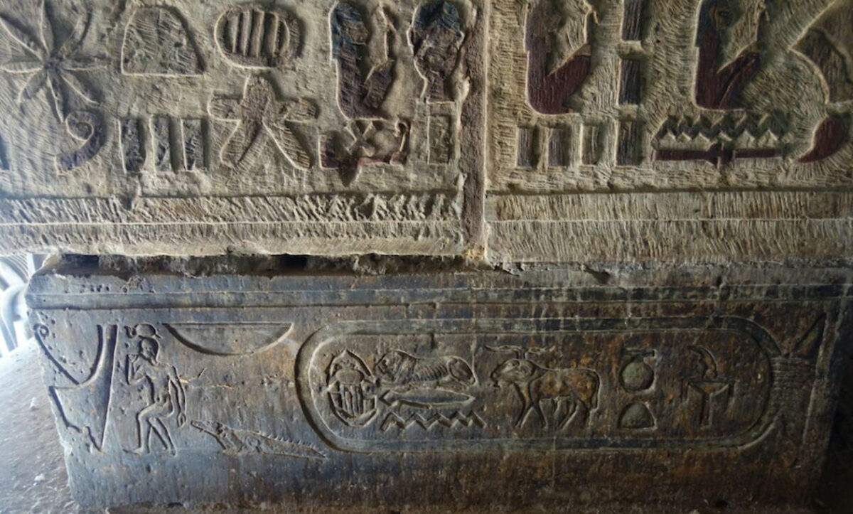 Detail of a frieze (autumn 2019). The cartouche contains the name of Hadrian, framed by the local god Khnum (left) and the solar god Behedeti (right). Credit: Ahmed Amin