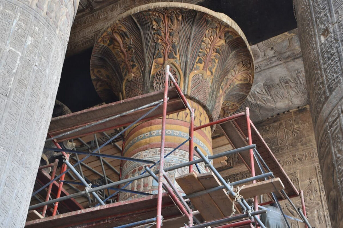 A restored column capital (spring 2019) shows the decoration in color. Credit: Ahmed Amin