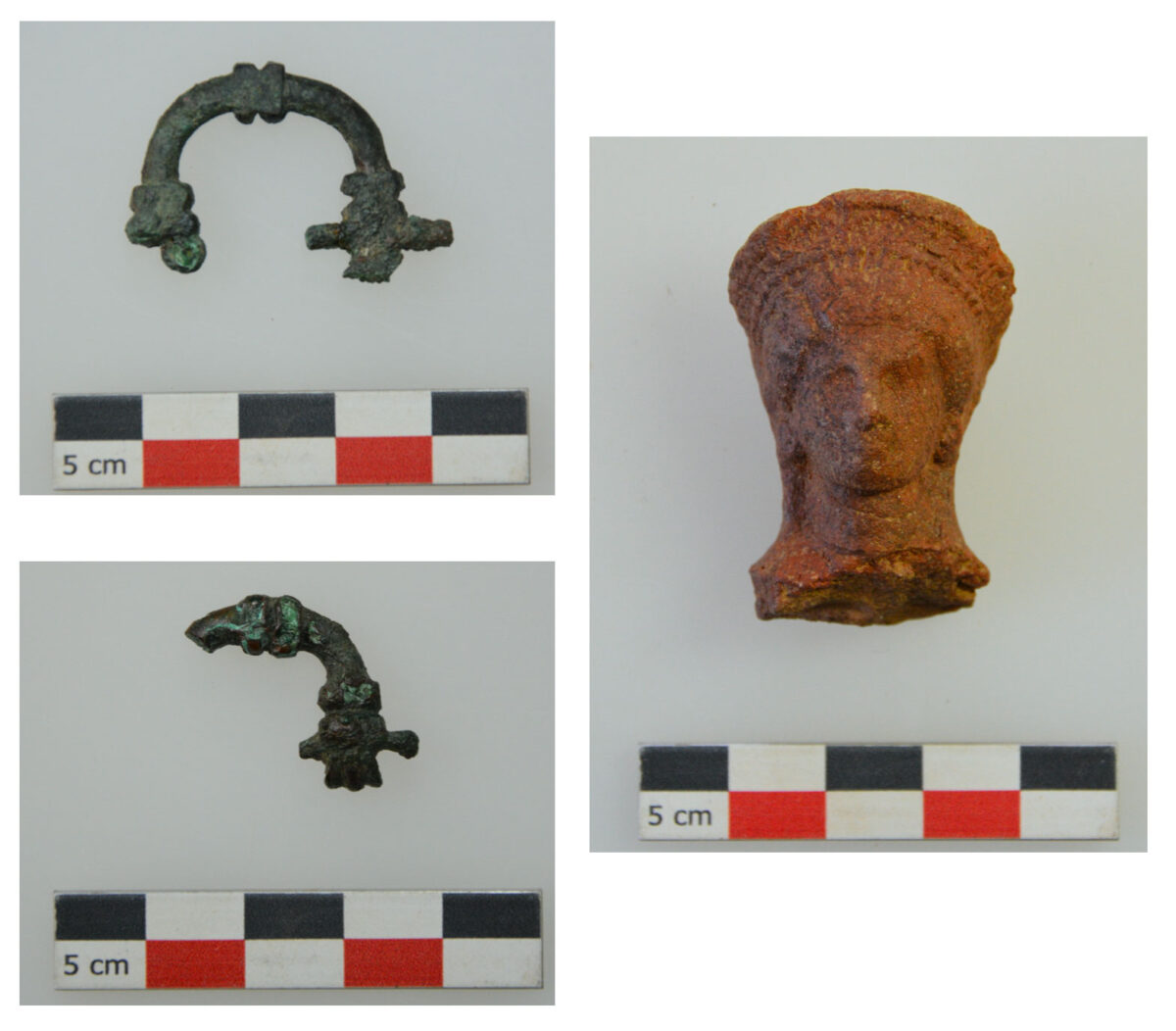 Fig. 6. Votive offerings from the sanctuary (copper buckles, head of a female clay figurine).