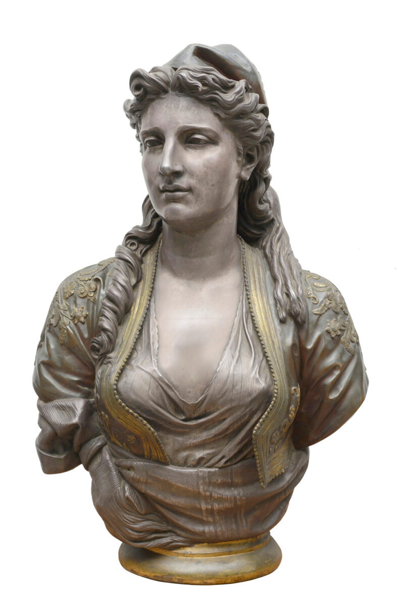 Charles-Henri-Joseph Cordier (1827-1905), Greek Woman, 1873.
Bronze, gilded, silvered and enameled. Height 75 cm, length 45 cm, diameter of base 21 cm. Thanassis and Marina Martinos Collection.