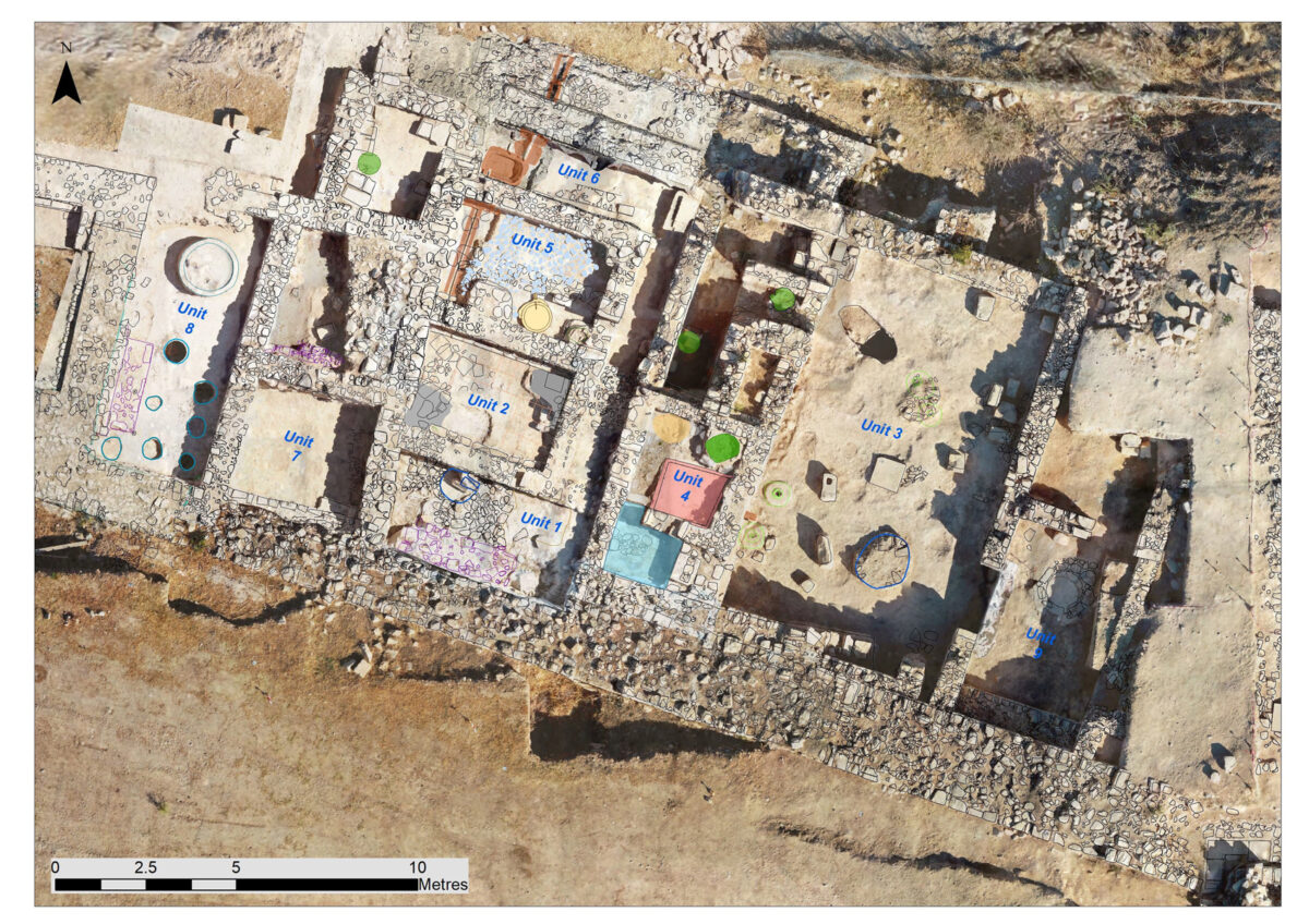 Fig. 6. 970 square metres of the Western Complex (65x15 m.) have been investigated in total, corresponding to approximately 35% of the monument’s total extent.