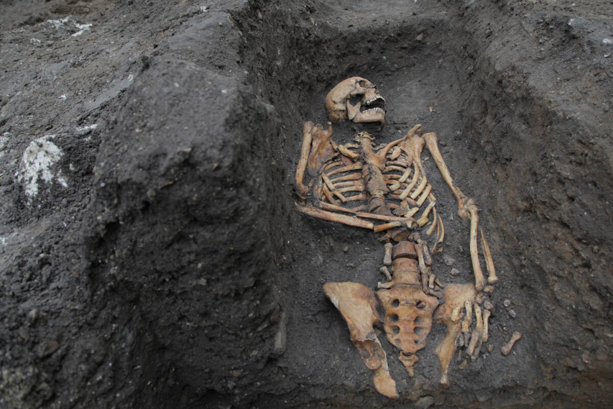 The remains of an individual buried in the Augustinian friary, taken during the 2016 excavation on the University of Cambridge's New Museums site. Credit : Nick Saffell