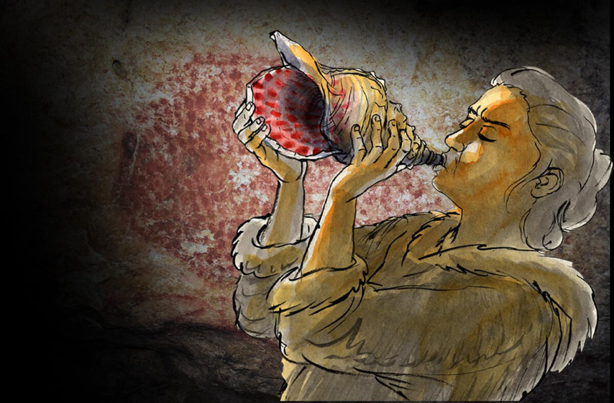 Reconstruction of the instrument being played. In the background, a red dotted buffalo decorates the walls of the Marsoulas Cave; similar motifs decorate the instrument. Credit : © Carole Fritz et al. 2021 / drawing: Gilles Tosello