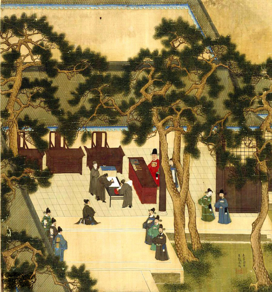 Xu Xianqin, Vice-Minister of Rites, overseeing the imperial civil service exam circa 1587, during the Ming Dynasty. Credit : 余壬、吳鉞描繪，徐顯卿題詠, Public domain, via Wikimedia Commons