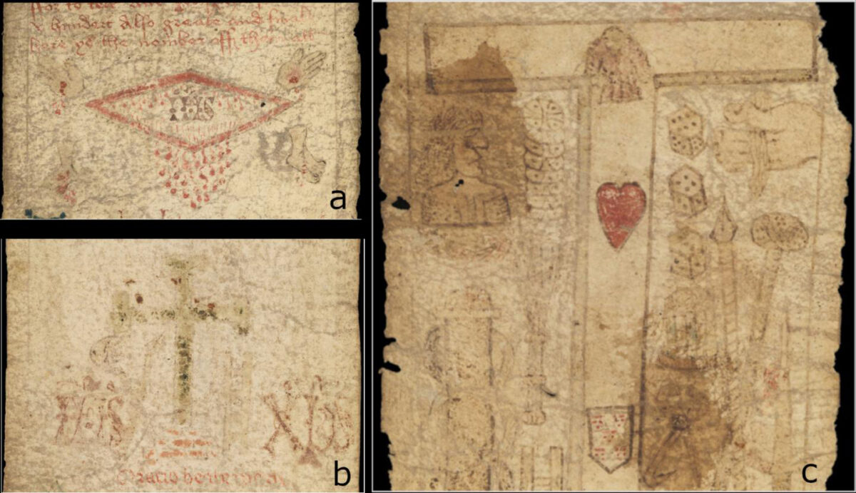 Details taken from MS. 632. a) MS. 632: the dripping side-wound. b) MS. 632: rubbed away green cross or crucifix. c) MS. 632: Tau cross with red heart and shield. Credit : Images courtesy of Wellcome Collection