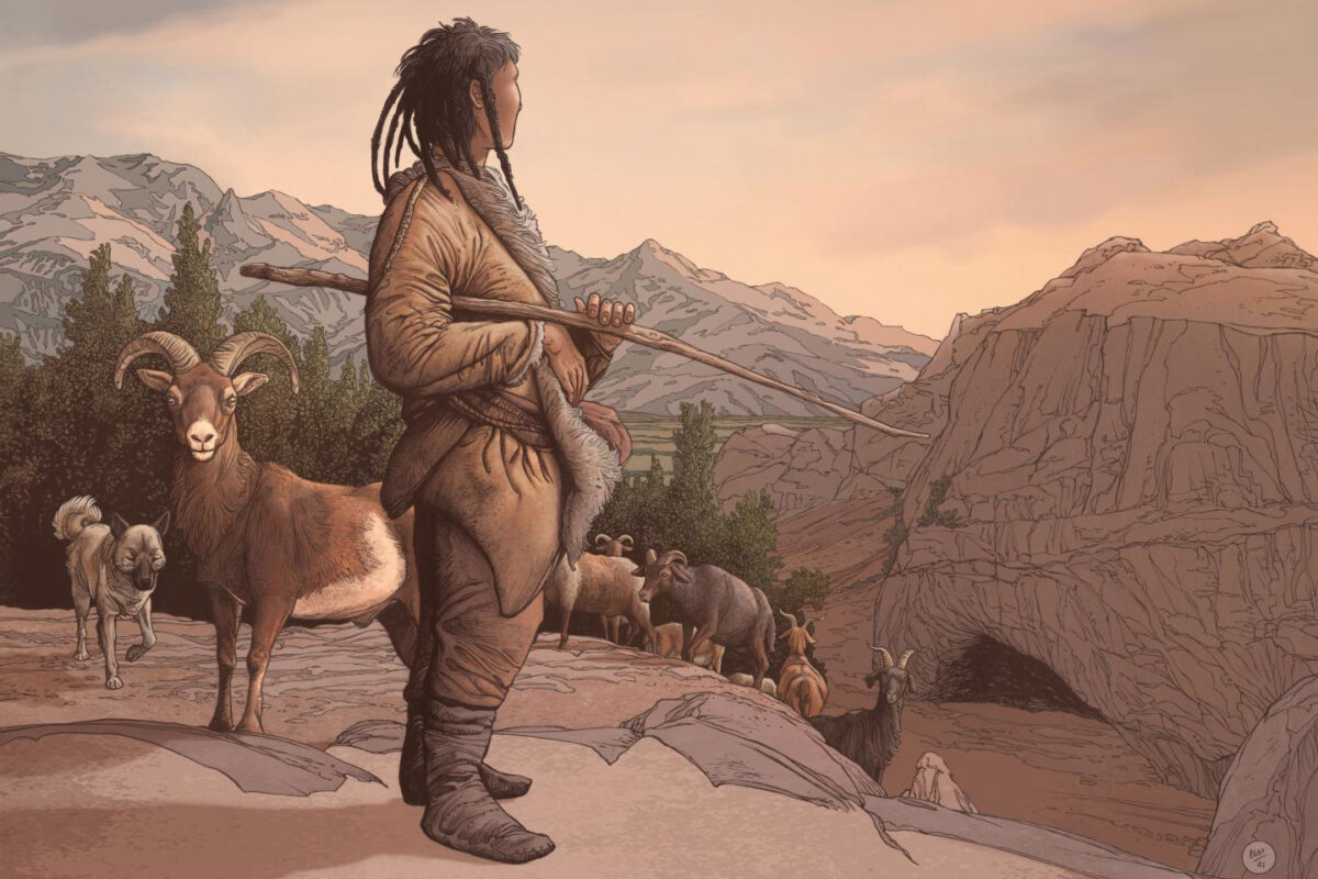 An artist's rendering of a Neolithic pastoralist at Obishir rockshelter
Credit : Ettore Mazza