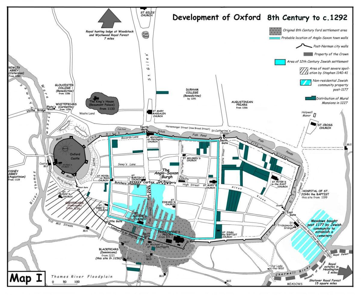 Map showing the development of the City of Oxford from the 8th Century to c. 1292, with the Jewish quarter shown in blue
Credit : Pam Manix