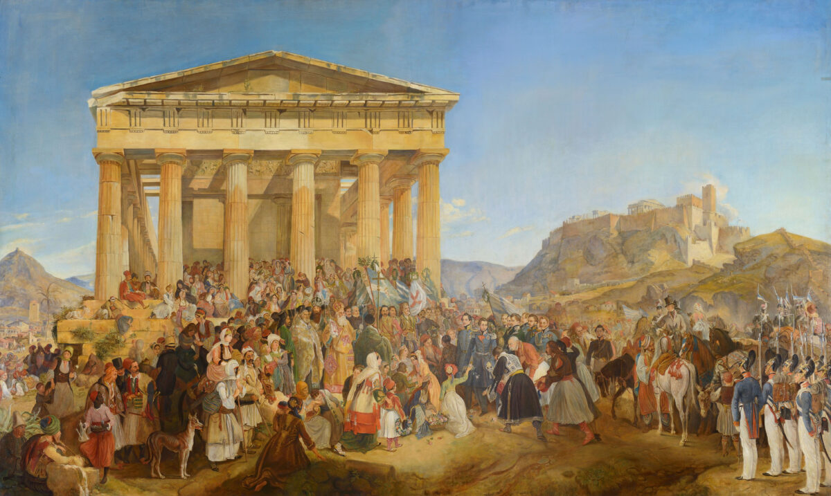 Nikos Ferekidis (1862-1929) and monogram G.W. [copy of the work by Peter von Hess (1839)], The Entry of King Otho of Greece in Athens, 1901, oil on canvas, 200x340 cm, National Bank of Greece S.A.