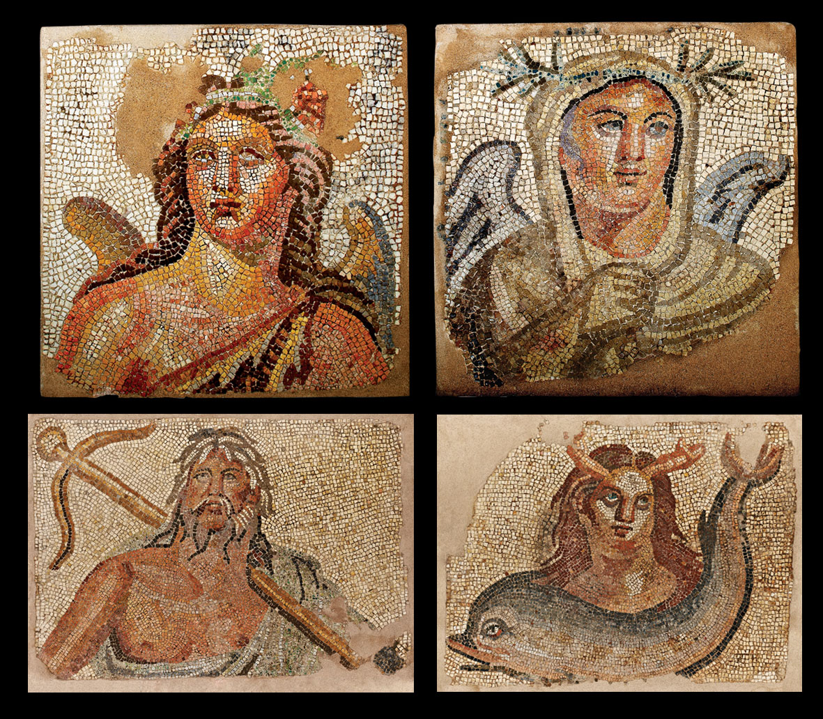 Mosaic floors depicting Spring/Autumn (Μuseum Exhibit 6724), Winter (Μuseum Exhibit 6728), Ocean/ Okeanos (Μuseum Exhibit 6725) and Sea/Thalassa (Μuseum Exhibit 6726), Archaeological Museum of Thessaloniki ©AMT, MOCAS-ODAP.