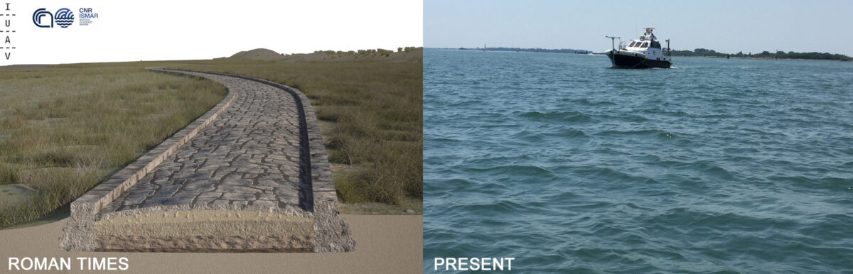 (Left) the reconstruction of the Roman Road in the Treporti Channel in the Venice Lagoon made on the basis of the multibeam data. Credit: Antonio Calandriello and Giuseppe D'Acunto. (Right) the same area now submerged. Credit: Fantina Madricardo.