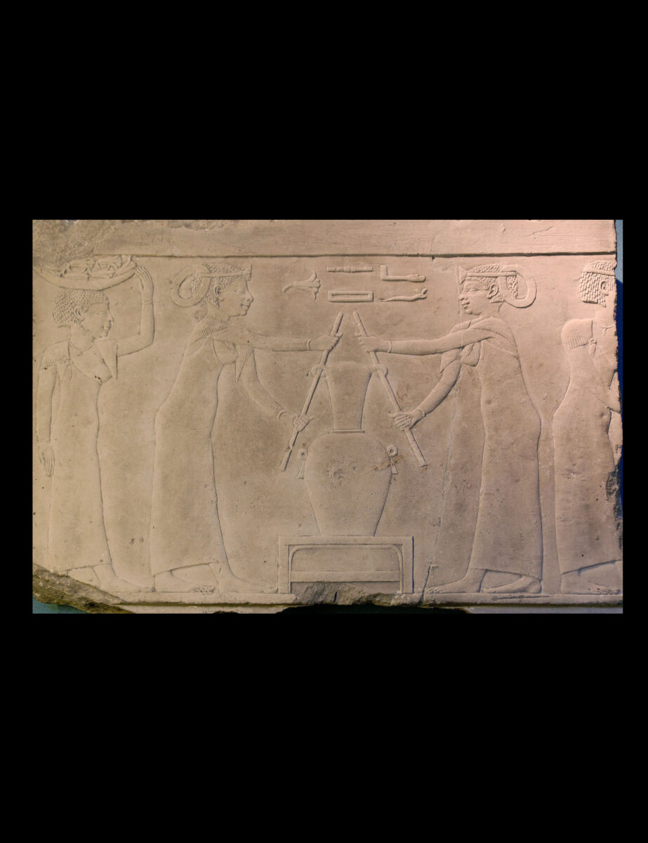 The making of lily perfume. Limestone, fragment from the decoration of a tomb, 4th dynasty of Egypt-(2500s BC). Louvre Museum. 