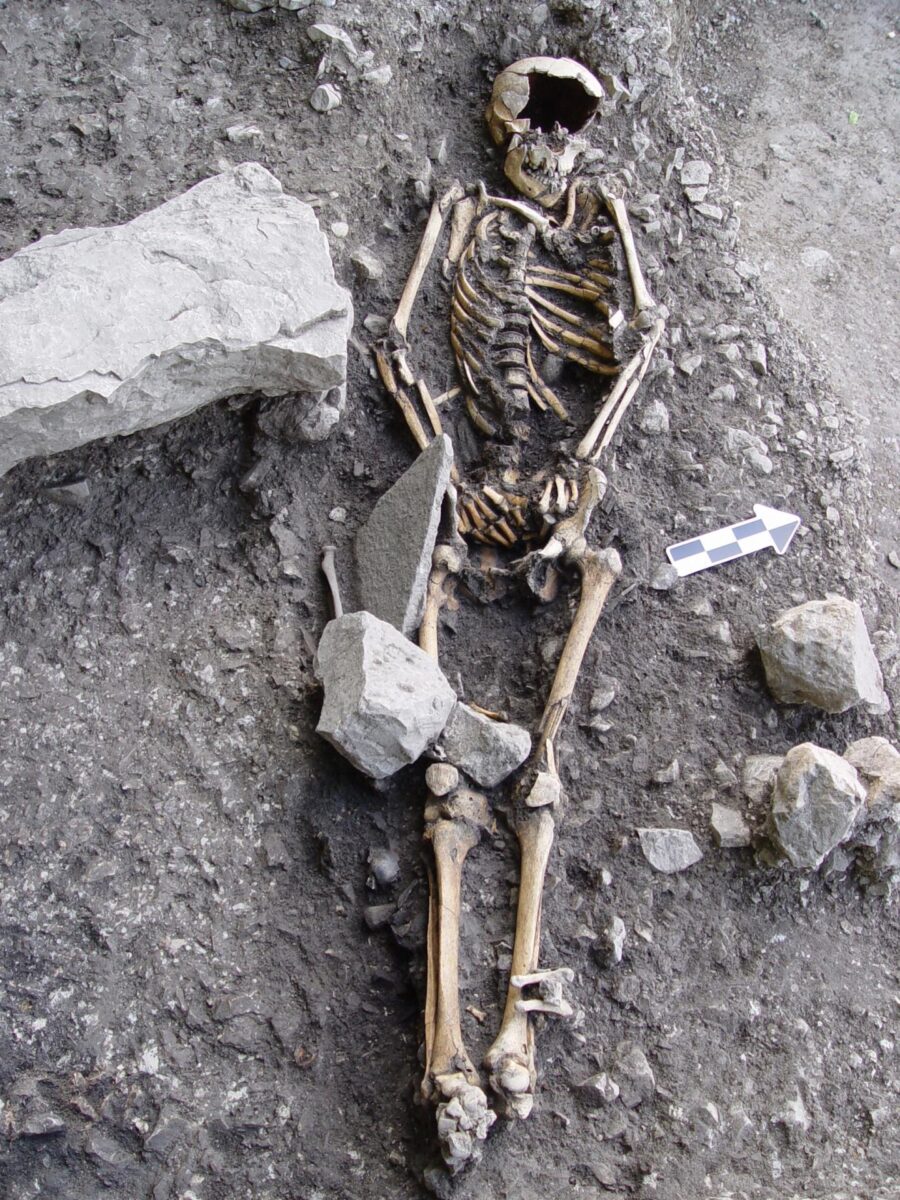 Articulated inhumation in burial H53 (c. 6000-5900 cal BC) from the site of Vlasac, Serbia [Credit: Dusan Boric]
