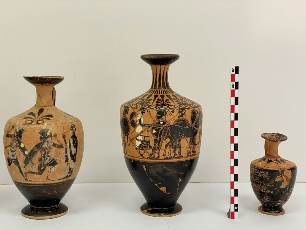 Three vases from the 2020 excavation of the foundation deposit of the Late Archaic temple of Artemis Amarysia, Amarynthos (photo: MOCAS) 