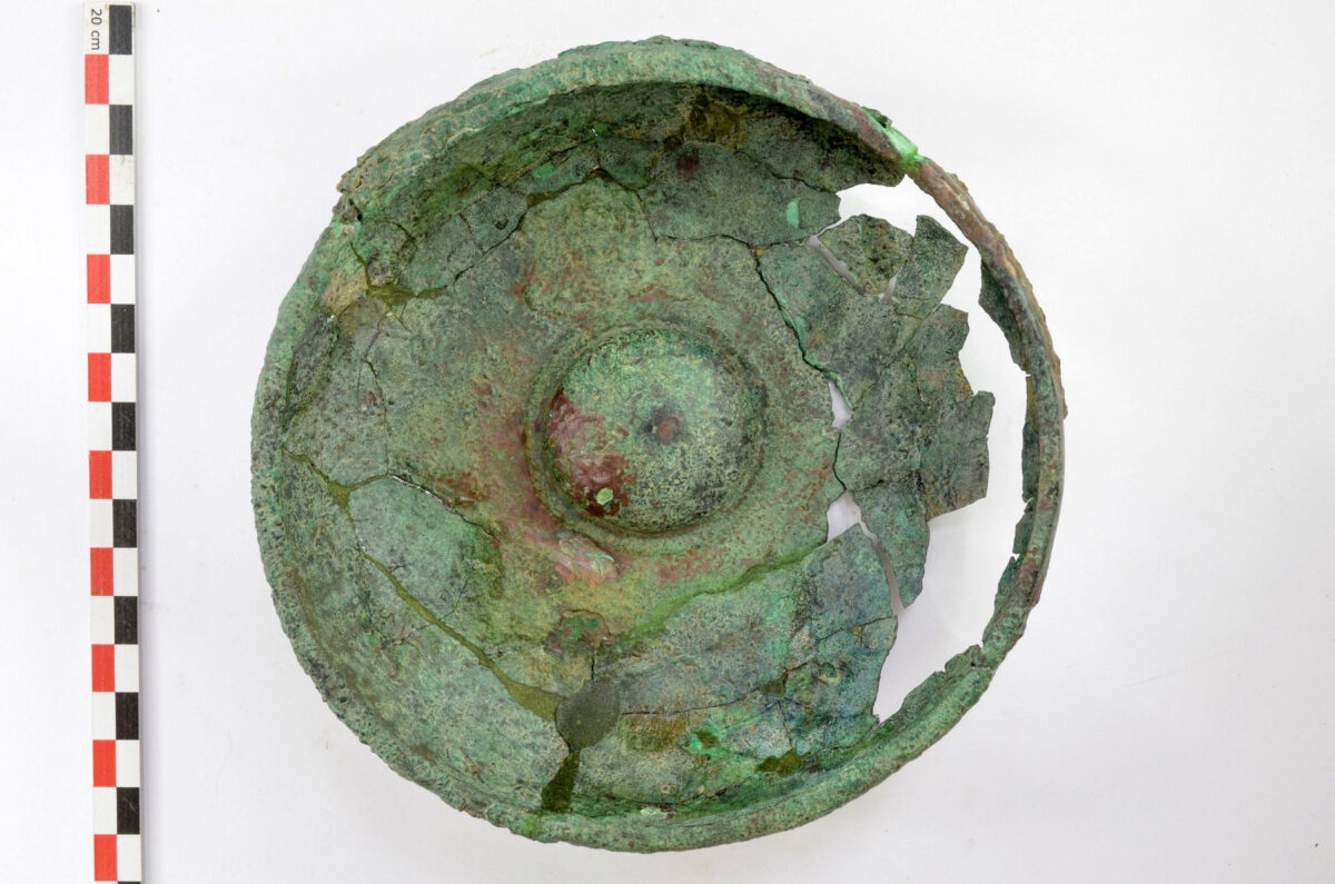 Bronze phiale from the 2020 excavation of the foundation deposit of the Late Archaic temple of Artemis Amarysia, Amarynthos (photo: MOCAS)