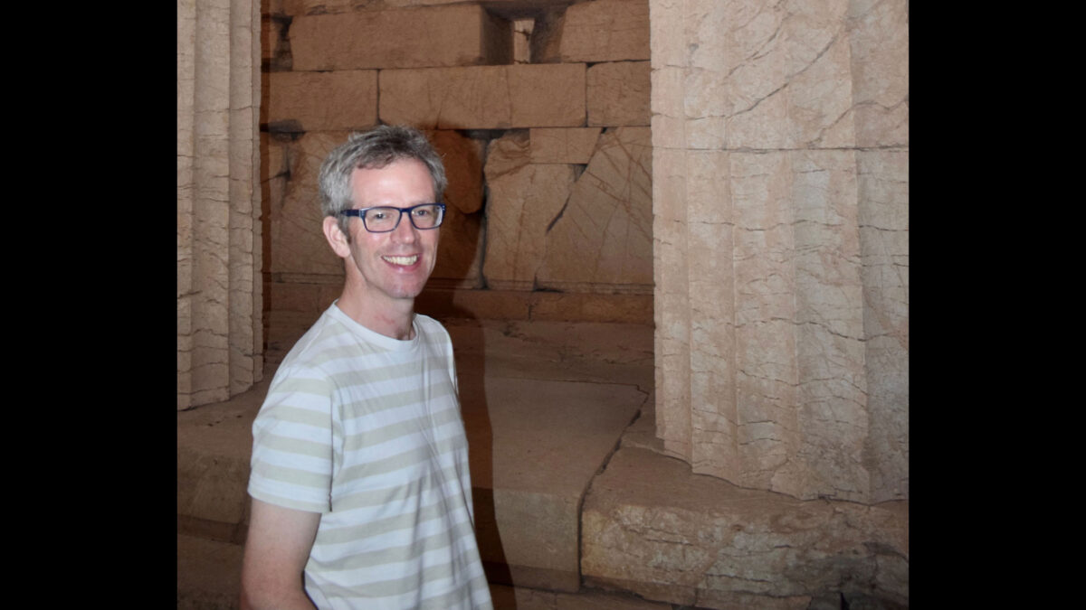 Professor Tim Whitmarsh at the Temple of Apollo at Bassae, Greece
