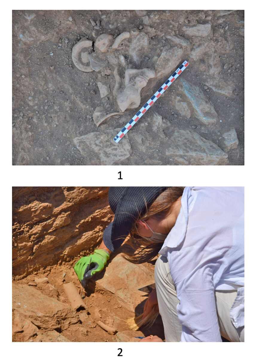 Fig. 5. Above: Building 3. Finds in situ. Below: Detail of the SW corner of the temple’s