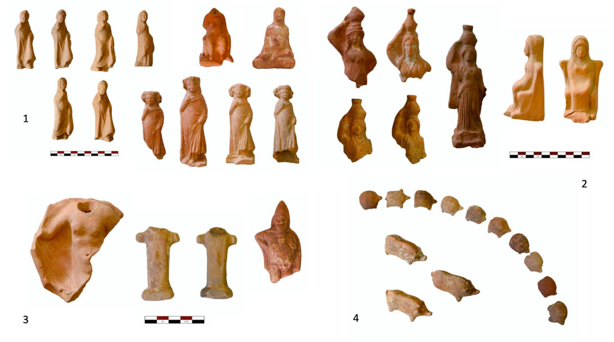 Fig. 7. 1: Left, figurines of standing girls. Right, seated figurines of seated naked boys ( above) and boys with curl on forehead(below). 2: Left, figurines of hydria carriers and right, figurine of enthroned female. 3: Left to right, figurine of seated Aphrodite or Leda, clay headless Hermetic columns and figurine of an actor.4: Figurines of piglets and turtles (photo: Eva Kolofotia)  