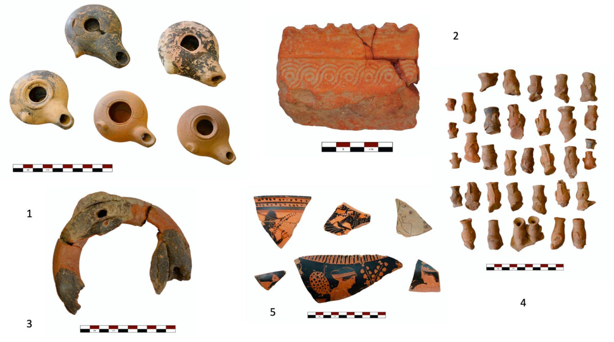 Fig. 8. 1: Hellenistic clay oil lamps. 2: Fragment of multi stemmed ritualistic utensil.3: Clayring shaped dish for offerings/kernos.4: Miniature hydriae placed on ritual utensils. 5: Fragments of Archaic and Classical vessels (photo: Eva Kolofotia)    