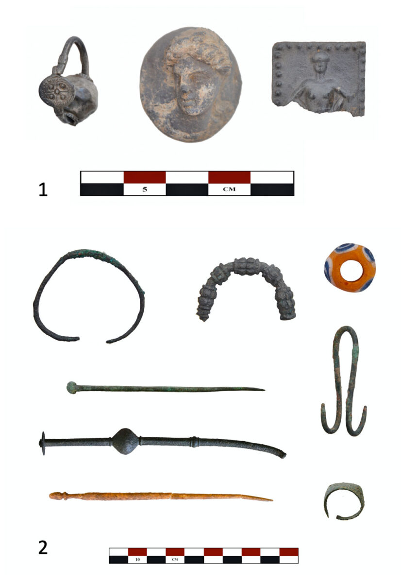 Fig. 9. 1: Silver jewelry and small metal artefacts.2: Bronze and bone jewelry from Building 5 and the depositor. 