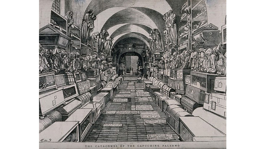The vaults of the Capuchin tombs in Palermo (wood engraving by E. de S).