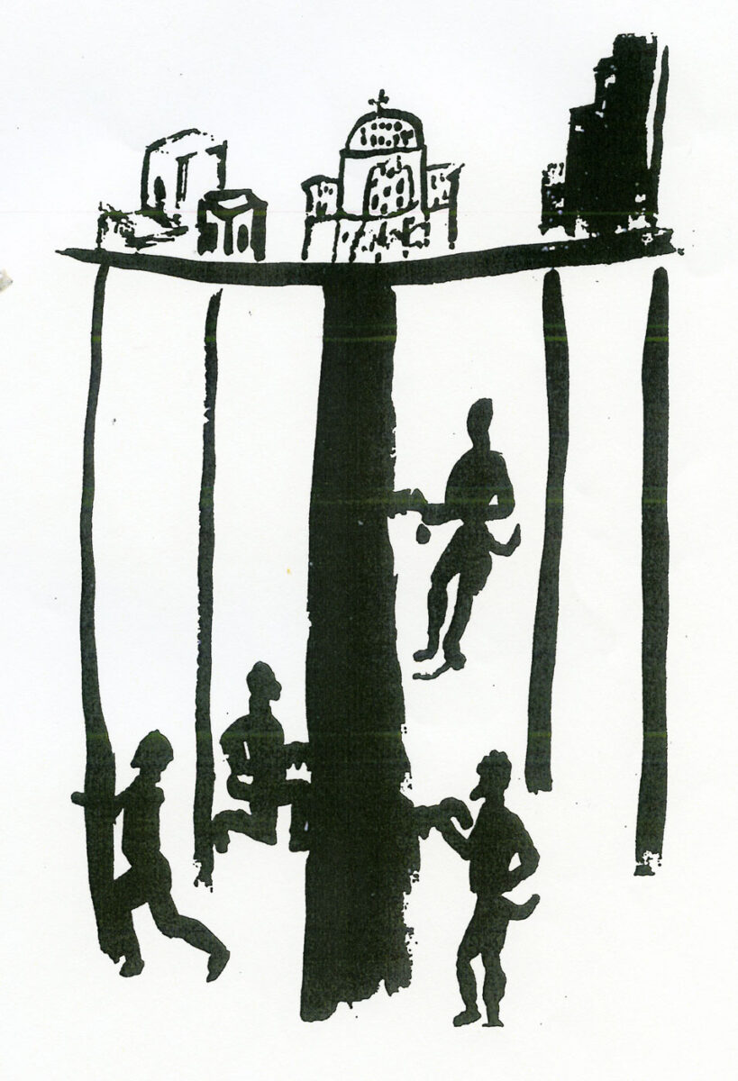 Fig.1. Goblins, deep underground, saw at the tree that supports the earth (drawing by Panos Feidakis, published in the book “Kalikantzaroi”, Foinikas publications, Athens 2008.