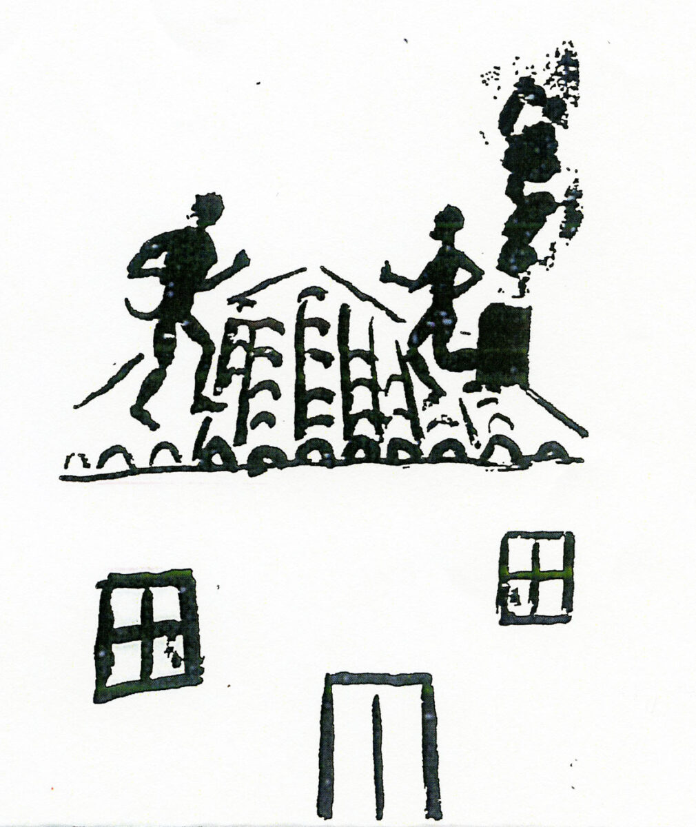 Fig.2. Goblins on the tiled roof of a house (drawing by Panos Feidakis, published in the book “Kalikantzaroi”, Foinikas publications, Athens 2008.